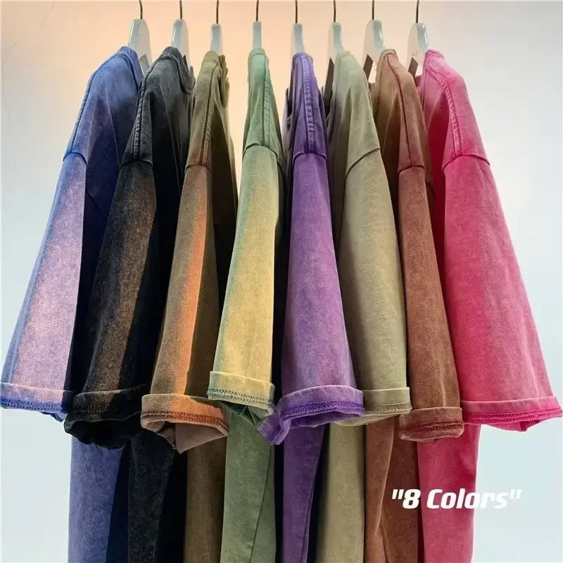 American Style Retro Heavyweight Solid Color Short Sleeved T-shirt Men Women Summer Street Trendy Washed Old Oversized Clothes 250616