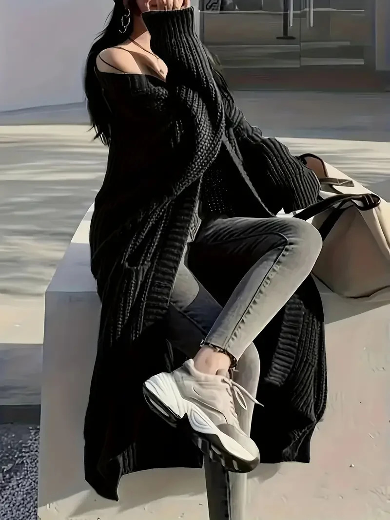 Womens Solid Open Front Knit Cardigan with Pockets - Casual Long Sleeve Sweater for Comfortable Layering 250616