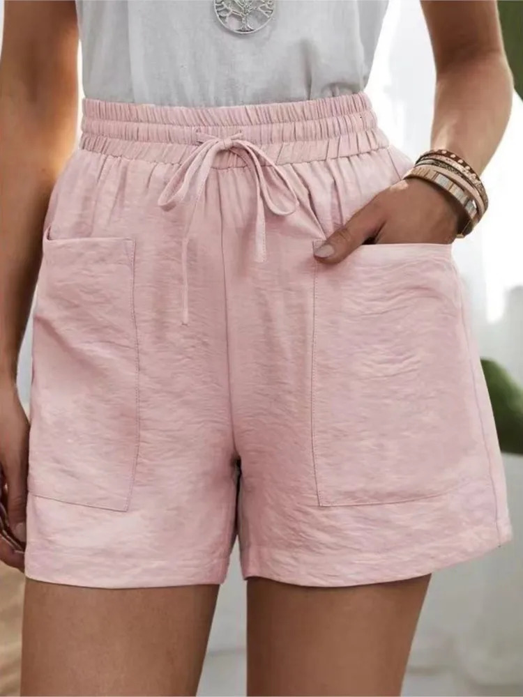 Woman Shorts Fashion Women Linen Sweatshorts Summer Pockets High Waist Cotton Blend Pockets Elastic Waist Loose Shorts 250614