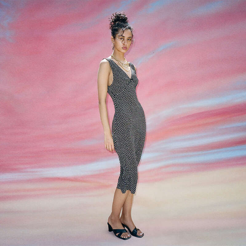 Vestidos Vestidos De Noche Summer Dresses 696 # Silk Deep V-neck Low-cut Dress Slim Fit Sleeveless Asymmetrical Cut Mermaid Print Vacation French Styl