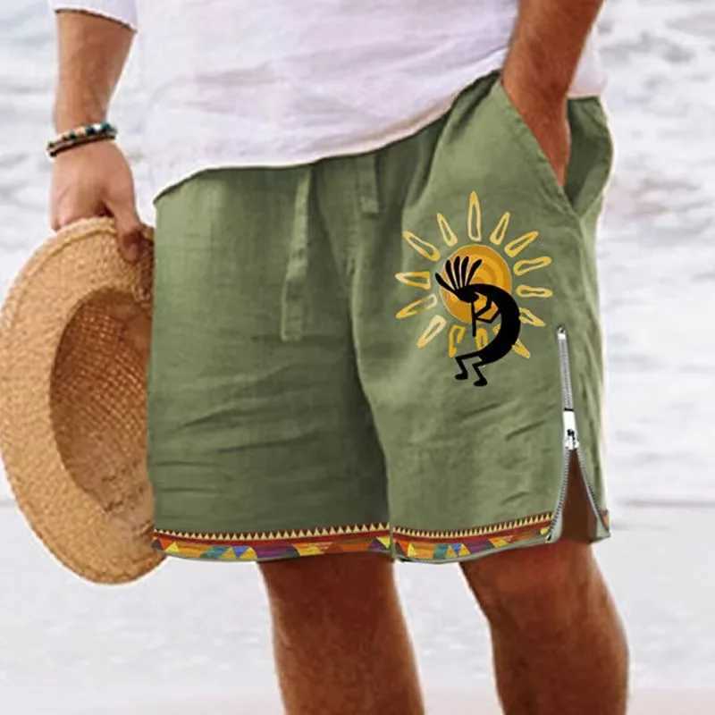 Vintage Zip-up Side Split Shorts Mens Summer Beach Casual Loose Drawstring Men Cotton Linen Shorts Fashion Pattern Print Shorts Z250617