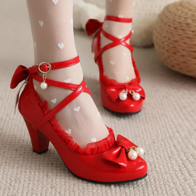 Red Womens Heels Mary Janes Lolitas Shoes Crystal Black White Block Heeled Party Wedding Shoes Female Pumps Big Size 45 250613