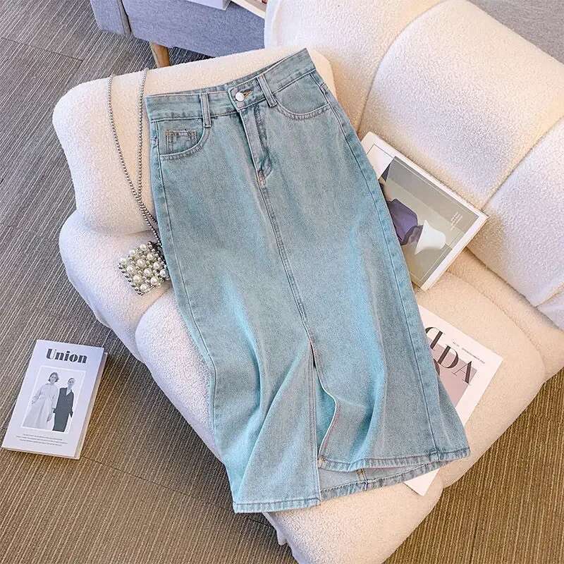 Jeans Skirts for Women with Slit High Waist Woman Denim Skirt Tight Wrap Casual Y2k Vintage Luxury Elegant Aesthetic Summer 2025