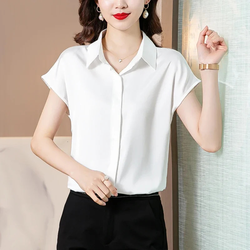 Vintage Blouse Women 2025 Summer Satin Shirt Silk Elegant Womens Tops Short Sleeve Blouses and Shirts Fashion Women Clothing 250614