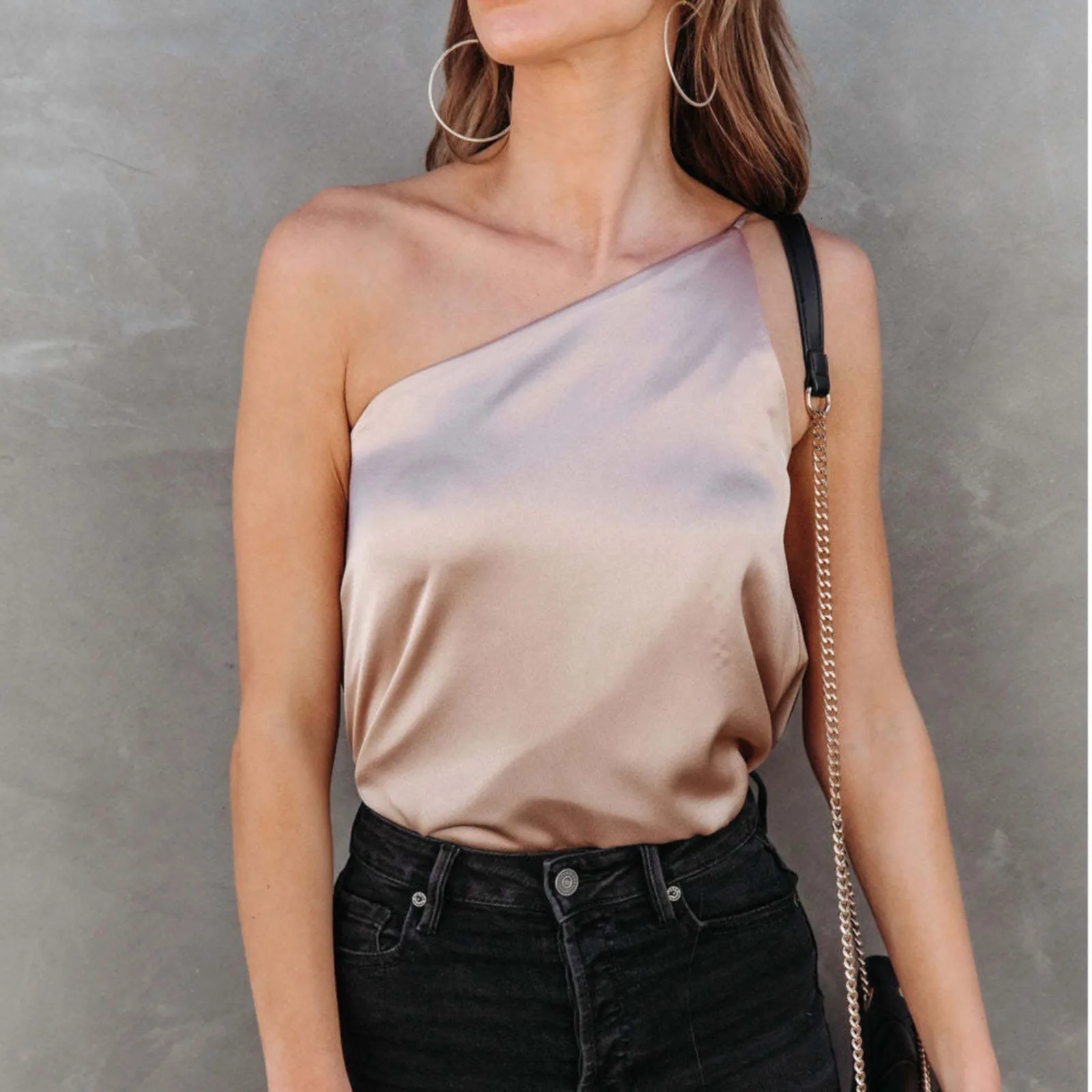 Summer Blouses For Women Fashion Sleeveless Satin Shirt Loose casUAl Round Neck One ShoULder camisole camisas Y Blusas 250614