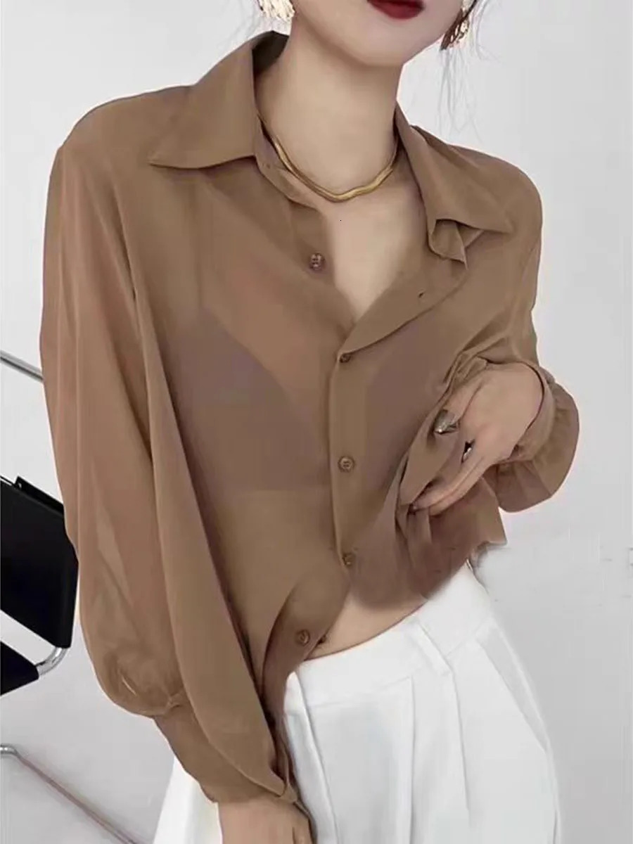 Sun-proof Transparent Shirt Female Mesh Long Sleeve Top Solid Color Summer Loose Chiffon Blouse Korean Fashion Cardigan Ladies 250616