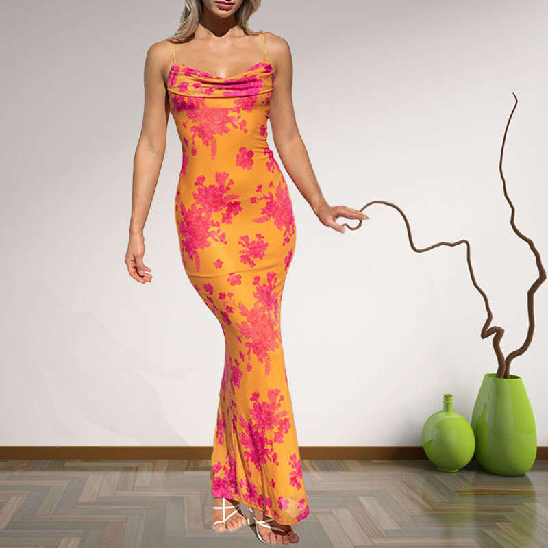 Spring Women's Fashion Printed Tie Waist Sexy Bodycon Long Slip Dress B5