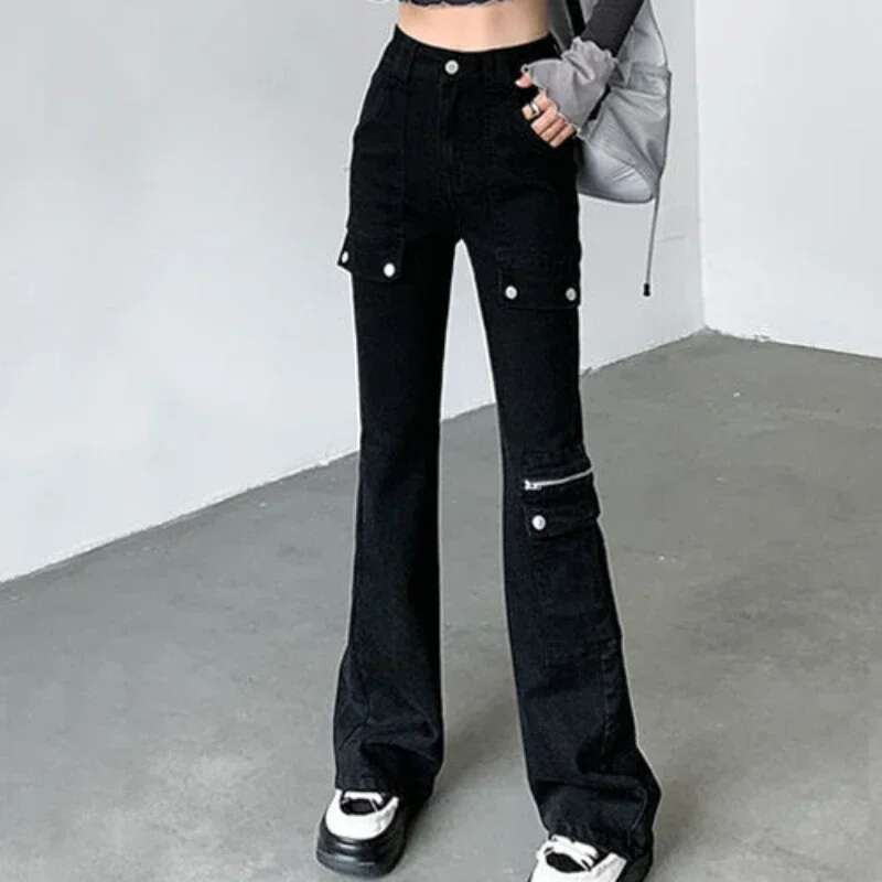 Pants for Woman with Pockets Black High Waist Shot Cargo Womens Jeans Slim Fit Trousers Skinny Wide Leg Cowboy Japanese Y2k Z R