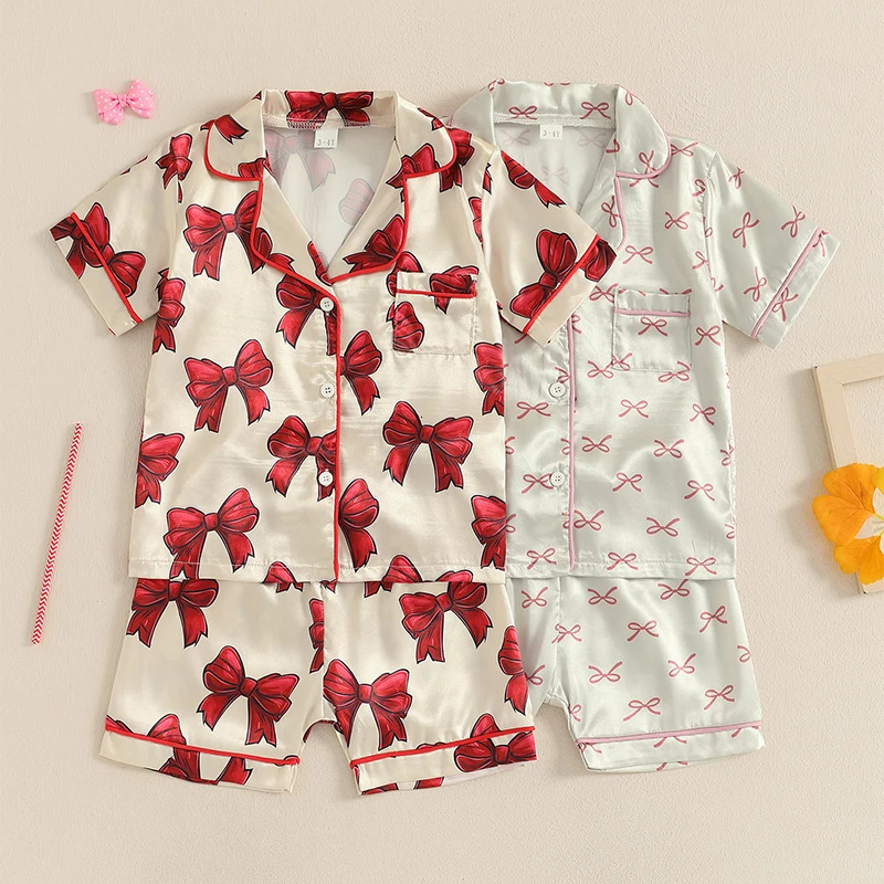 Toddler Kids Baby Girls Summer Pajamas Sets Bow Print Button Turn-down Collar Short Sleeve Shirts Shorts Loungewear Outfits 250617