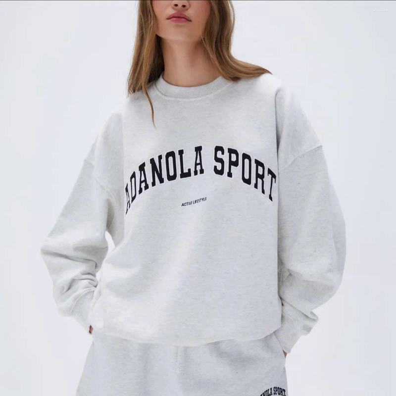 Hoodies Adanol Designer Loose Round Neck Hoodie For Women Fashion Flower Gray Tops Lazy Pullover Sweatshirts Cotton Oversized Sweaters
