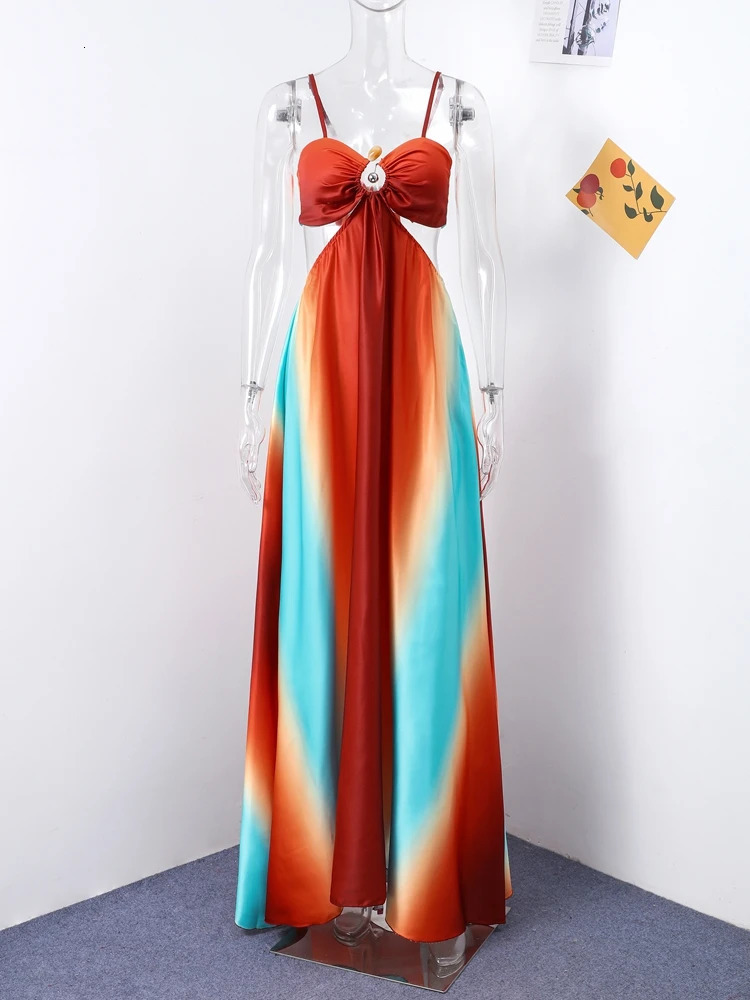 Fashion Gradient Hollow Out Maxi Dress Women Bohemia Spaghetti Strap Sleeveless Backless Beach Dresses Female Vacation Chic Robe 250614