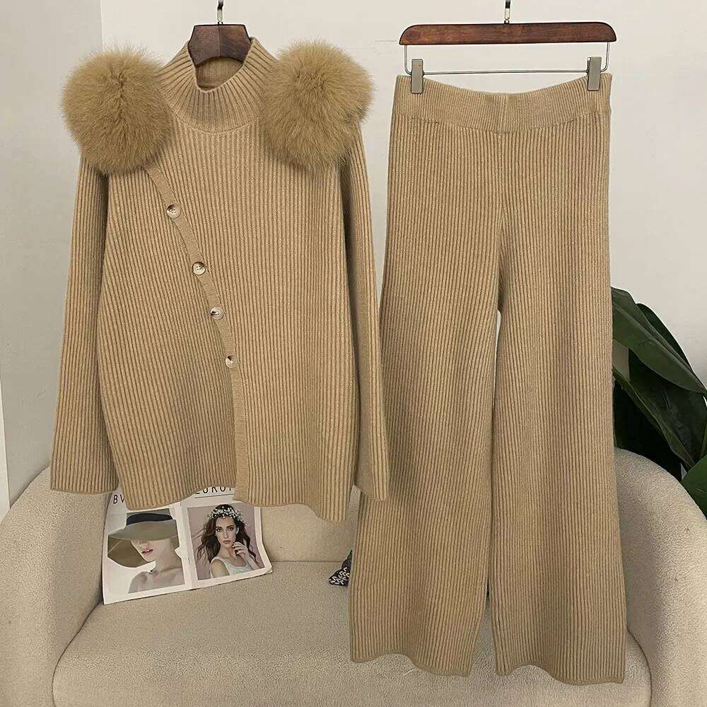 OFTBUY Trousers Knit Suit Women 2025 New Spring High Collar Knitted Cardigan Female Real Fox Fur Sweater Lady Knitting Clothing