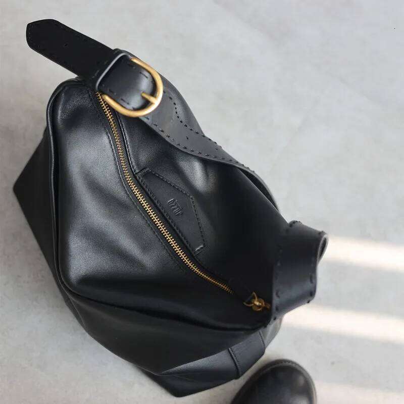 Large Size Black Genuine Leather Tote With Zipper Women Casual Soft Crossbody Shoulder Bag