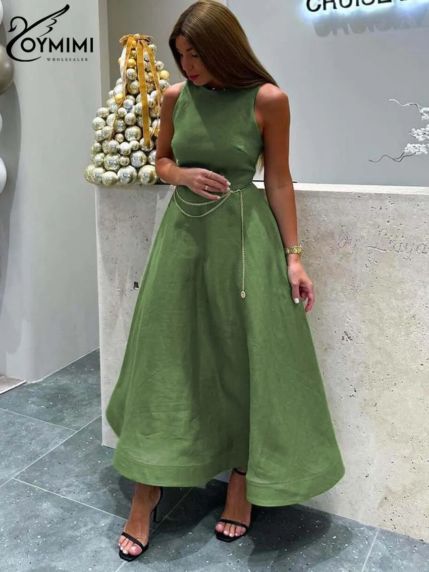 Oymimi Elegant Green Cotton Womens Dress Fashion O-Neck Sleeveless Dresses Casual High Waist A-Line Mid-Calf Dresses Female 250614