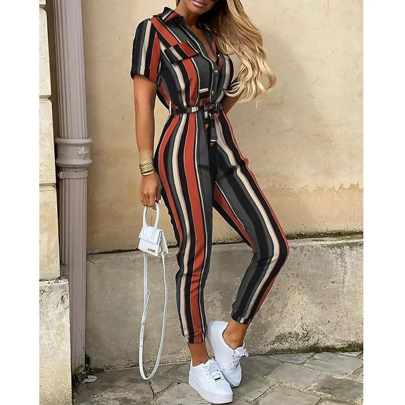 Womens Monochromatic Belt Workwear Jumpsuit Casual Pants Flip Collar Buckle European and American Summer 250616