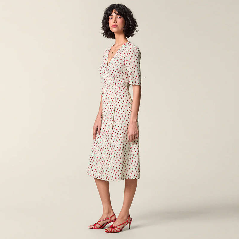 Clothes Women Designer Womens Dresses Robe 114 Summer 2025 New Floral V-neck Short Sleeve Mid-length French Tea Break Wrap Dress with Straps