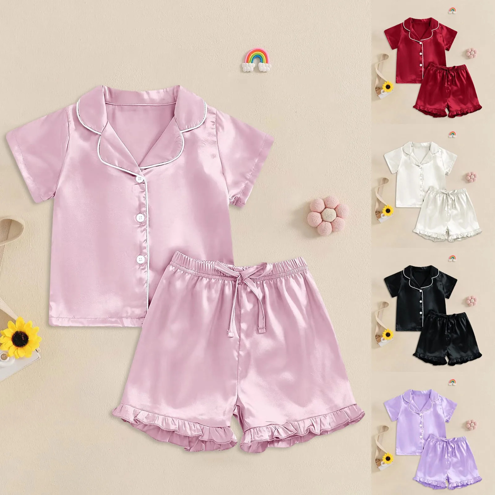 Baby Girl Warm Clothes Toddler Silk Pajamas Baby Kids Girl Satin Summer Feather Pajamas Short Sleeve Toddler Girl Slippers 250617