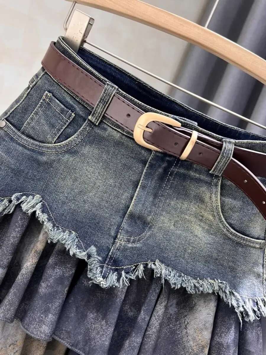 Woman Denim Skirt Patchwork High Waist Clothing Trend 2025 Modest Y2k Vintage Korean Style Stylish Casual Jeans Skirts for Women