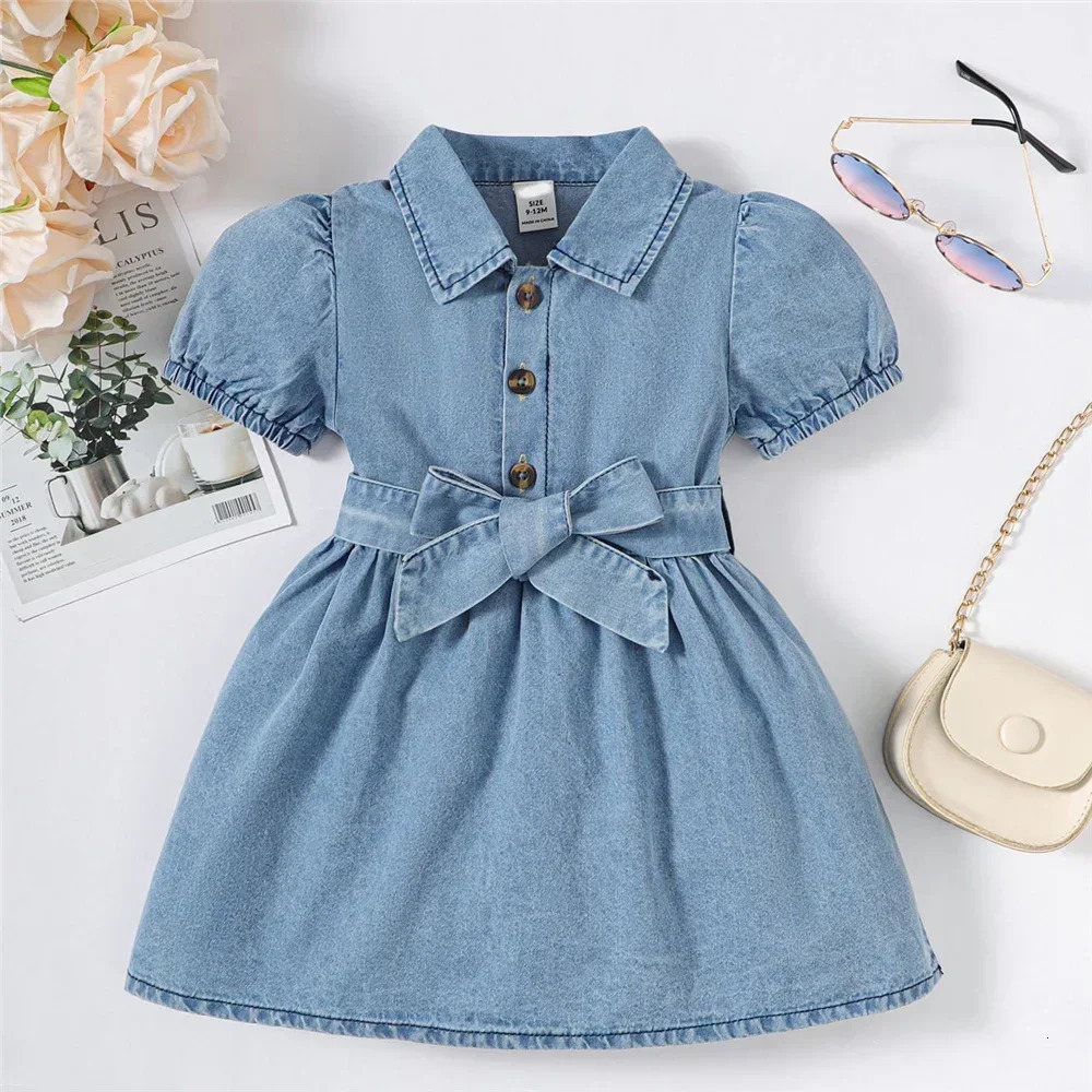1-3 Years Summer Toddler Baby Girl Fasion Bubble Sleeve Lapel Jeans Casual Dresses Birthday Party Costumes for Kid Girls 250617