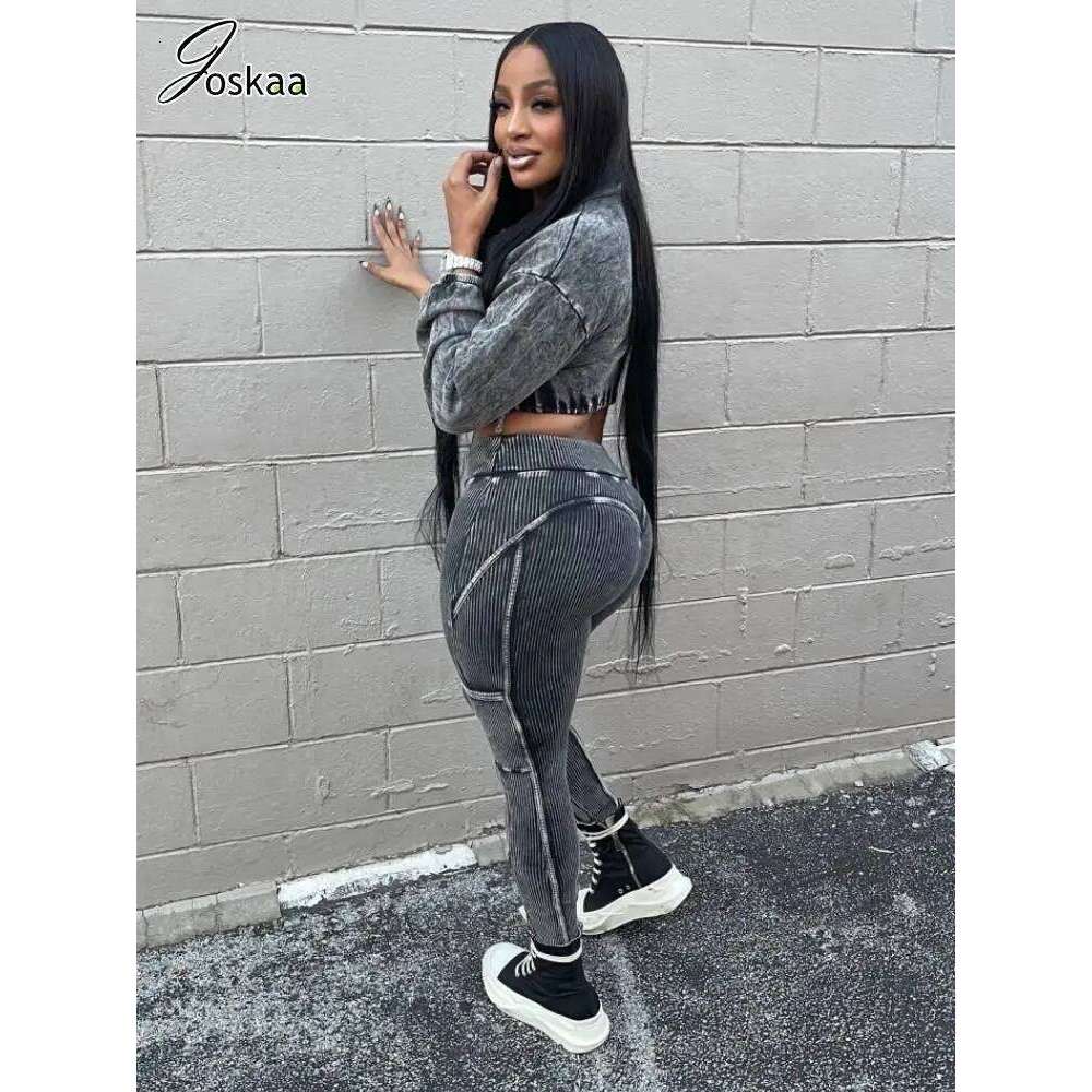 Joskaa Ribbed Patchwork Gym Set Women Casual Long Sleeve Zip Crop Tops and Pencil Pants Matching 2 Piece Sets Fiess Tracksuits