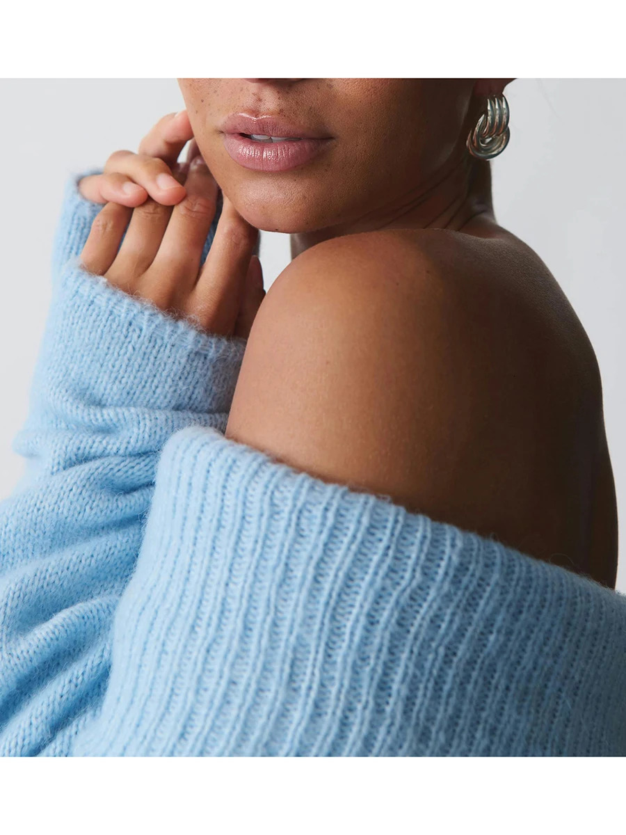 Womens Off Shoulder Crop Sweater Solid Color Boat Neck Long Sleeve Loose Knitwear Pullover 250614