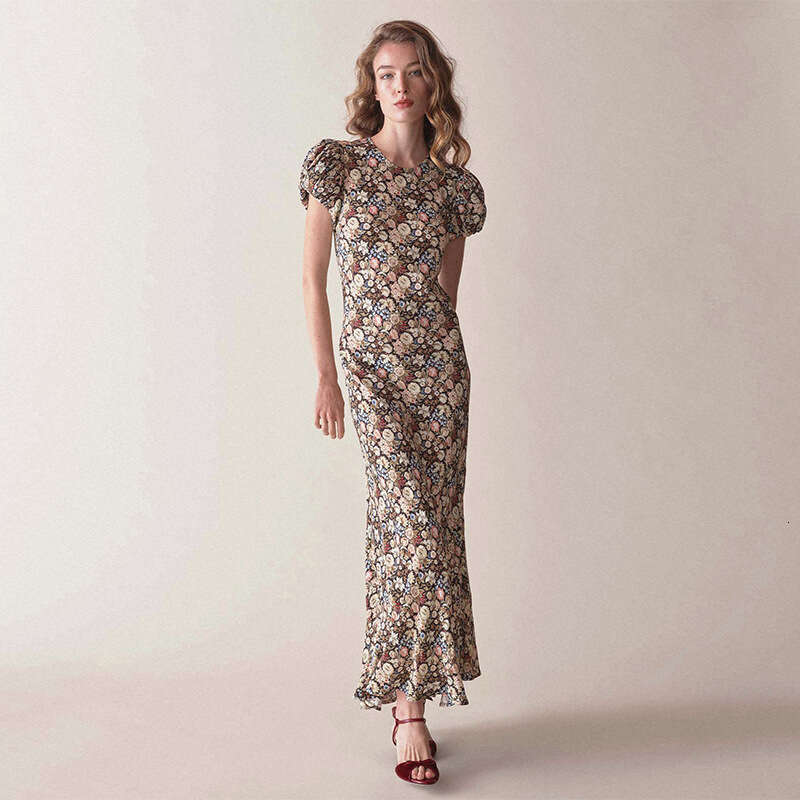 Women Dress Designer Dress Womens Designer Clothing 495 Summer New 2025 Rayon Print Round Neck Short Sleeve Asymmetrical Slim Fit Long Dress French St
