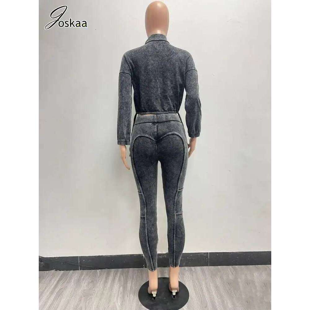 Joskaa Ribbed Patchwork Gym Set Women Casual Long Sleeve Zip Crop Tops and Pencil Pants Matching 2 Piece Sets Fiess Tracksuits