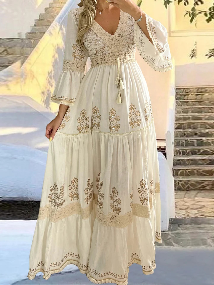 2025 Long Dress Women Summer Boho Lace Dresses Female Beach Holiday Hollow Out Dress Ladies Elegant Vintage Loose Vestidos 250614