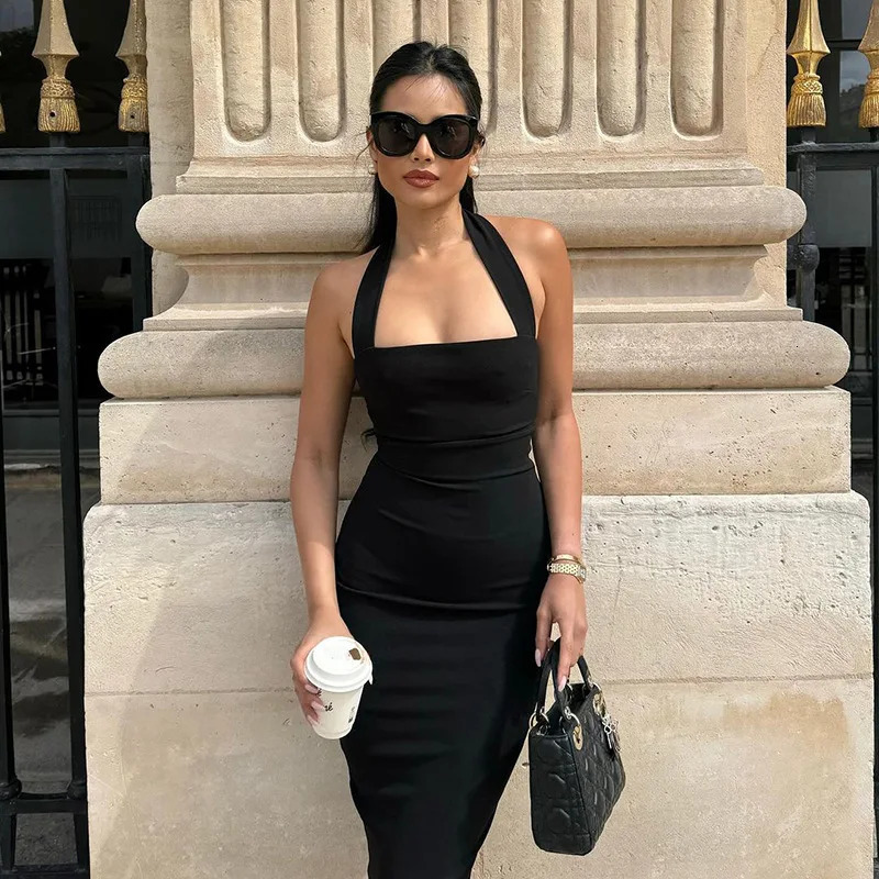 Elegant Halter Black Backless Sexy Bodycon Maxi Prom Dress Summer Women Y2K Clothes Wedding Birthday Party hanging neck backless 250617