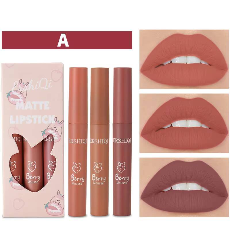 3Colors/set Matte Lipgloss Wholesale Cheap Liquid Kit Lip Gloss Set Batom Long Lasting Sexy Nude Lipstick Makeup happy