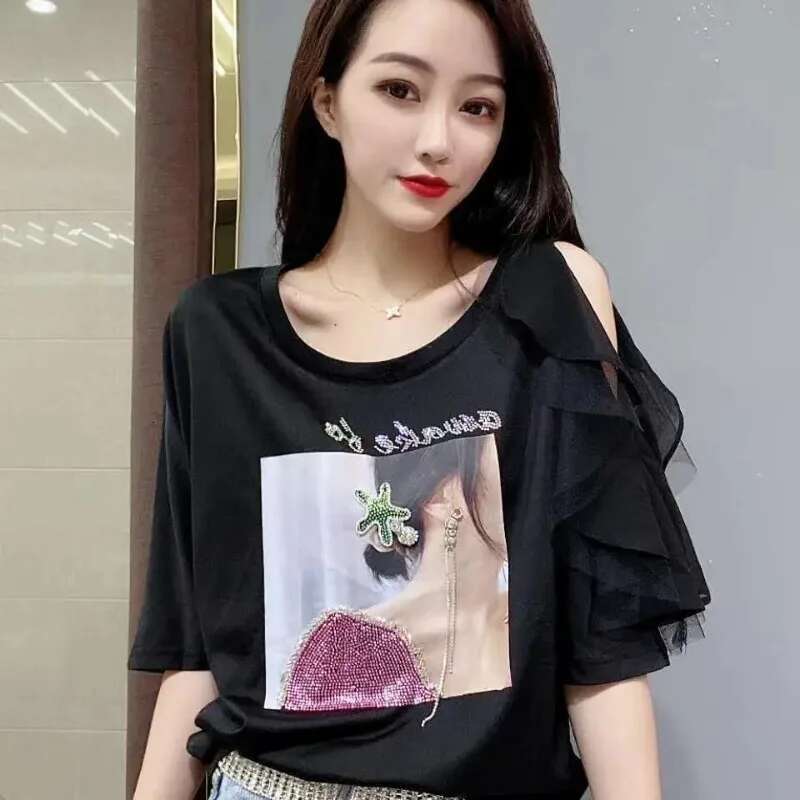 Tops Woman Rhinestone Graphic Off Shoulder Baggy Sexy T Shirt for Women Coquette Clothes Summer Outfit Glitter Sequin Emo Y2k