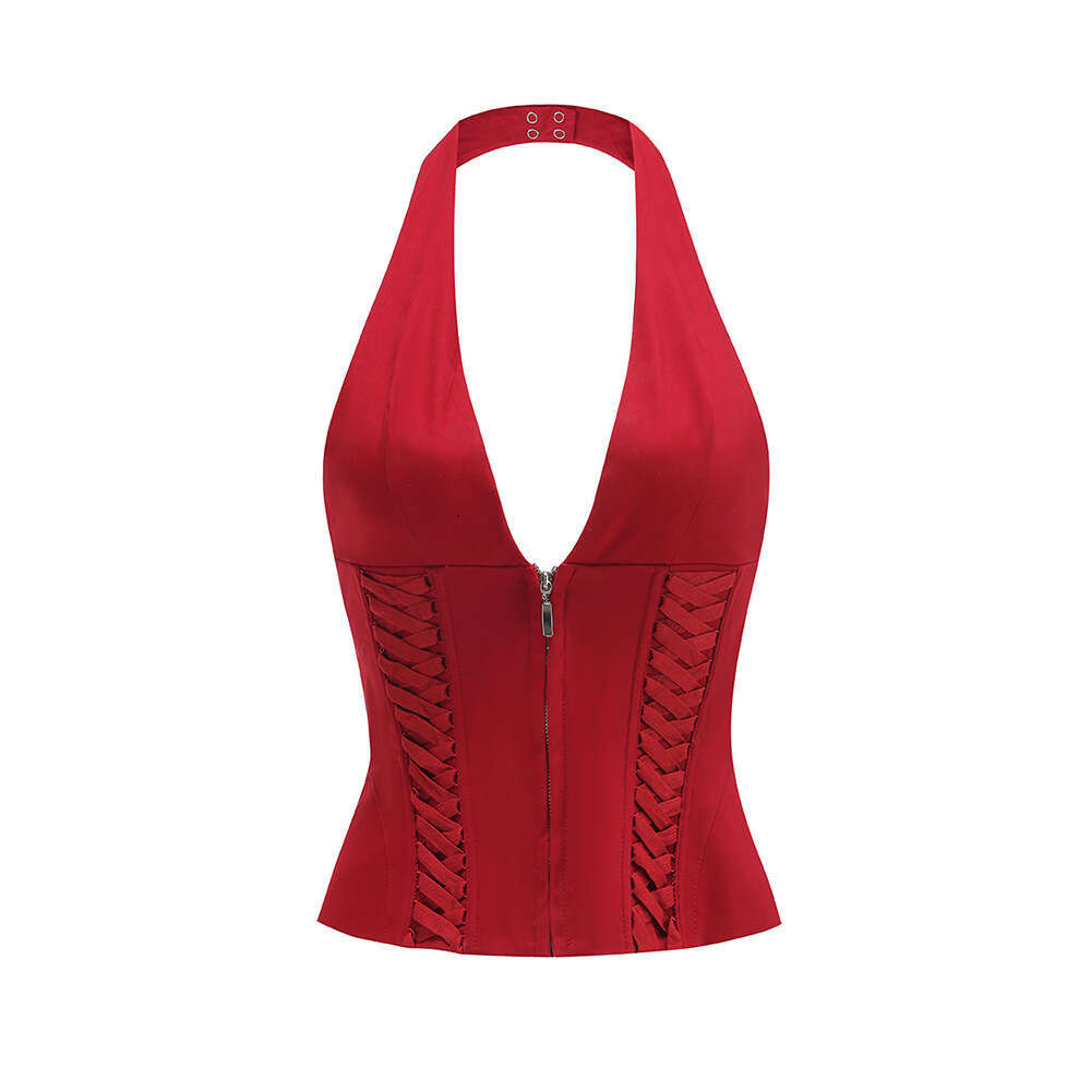 New Style Tie Waist Zipper Vest Sexy Halter Neck Deep V Tight Short Top