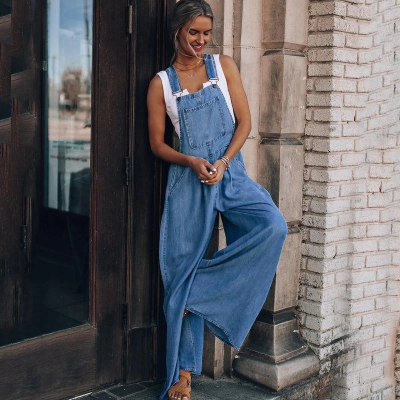 Fitshinling Casual Oversized Loose Denim Rompers Jumpsuit Women Fashion Solid Sleeveless Jeans Playsuits Long Overalls Female 250616