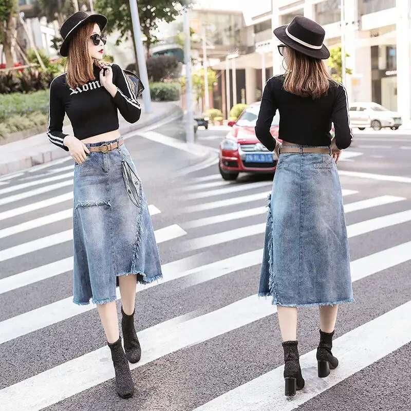 Zipper Jeans Skirts for Women High Waist Midi Patchwork Woman Denim Skirt with Pocket New in Clothing Trend 2025 Korean Style V