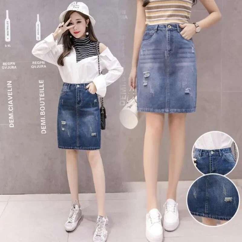 Midi Womens Denim Skirt Female Jeans Skirts with Pocket To Knees Length Chubby Ripped Zipper High Waist Blue Stylish 2025 Trend