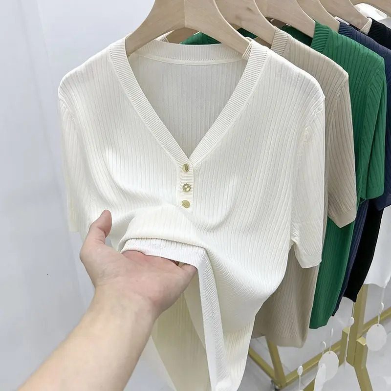 Womens Ice Silk Short Sleeves V Collar Knitting Wild Elastic T-Shirt Loose High Street Thread Thin Buttons Short Sleeve T-shirt 250614