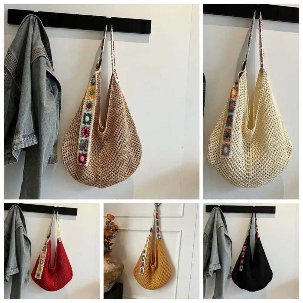 Large Capacity Crochet Tote Bag Ethnic Style Flower Hollow Woven Bag Embroidered Strap Lightweight Knitting Handbag Female Z250617