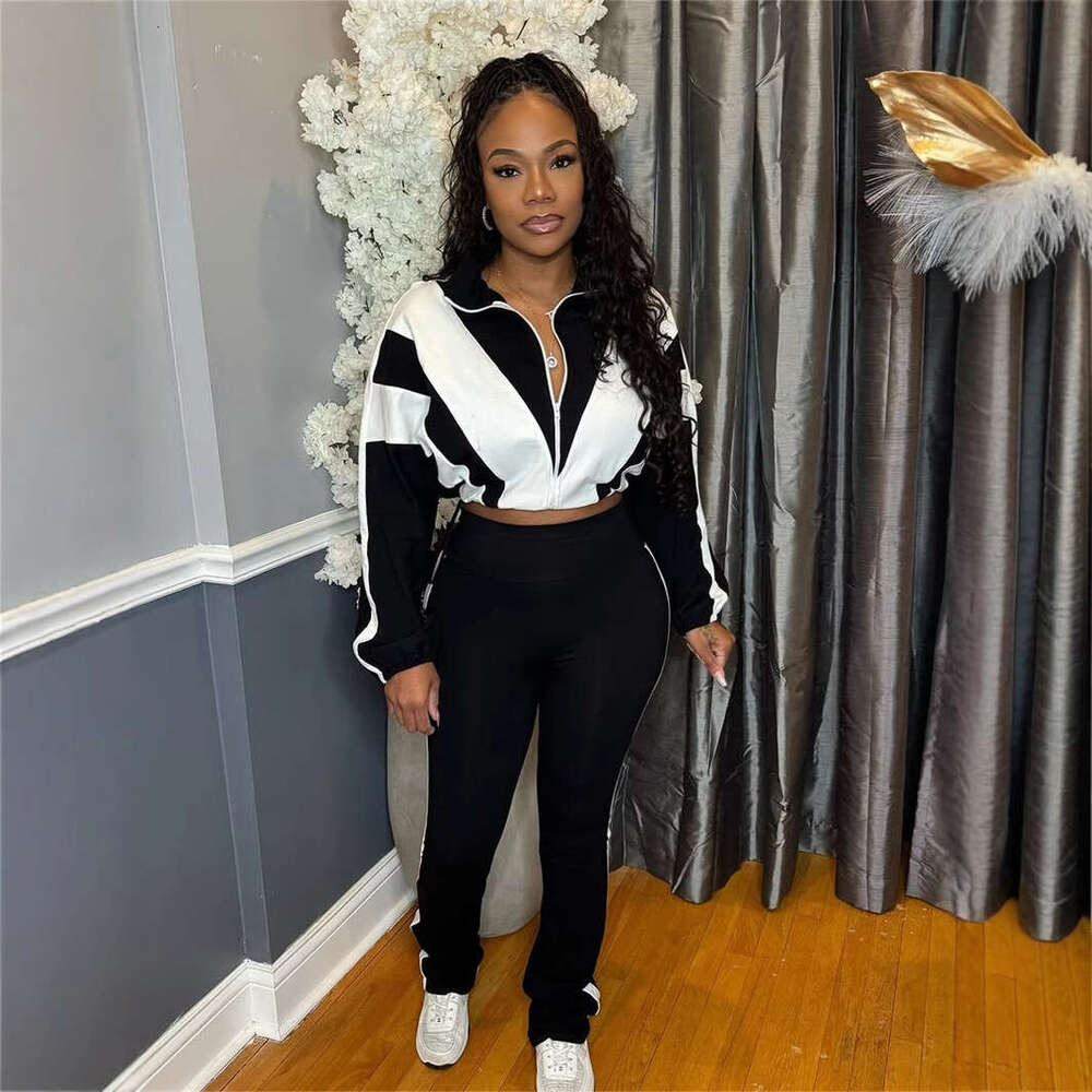 Loose Casual Street Fashion Color-Block Zipper Jacket And Pants Sports Set For Women B5