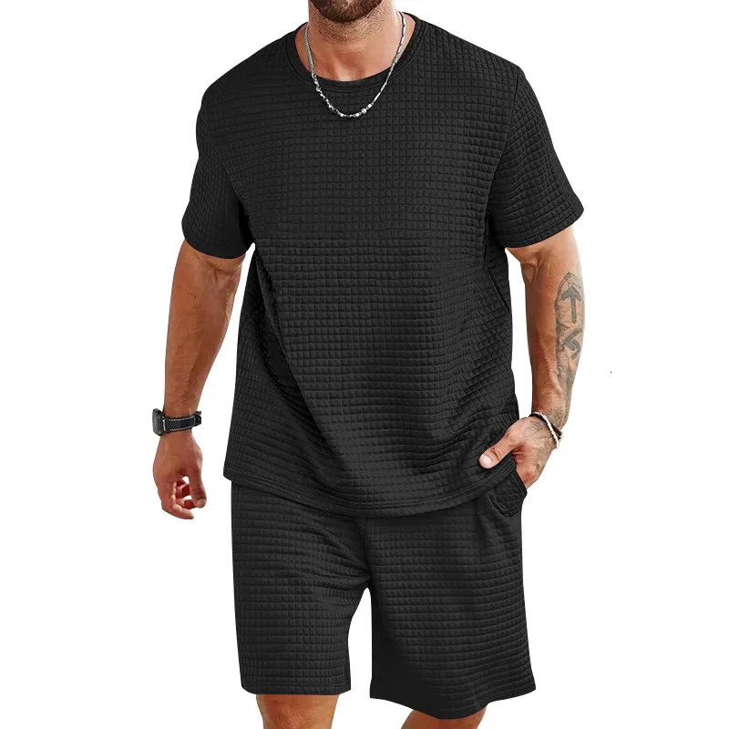 crossborder mens sports and leisure solid color round neck Tshirt shorts fashionable summer suit 250614