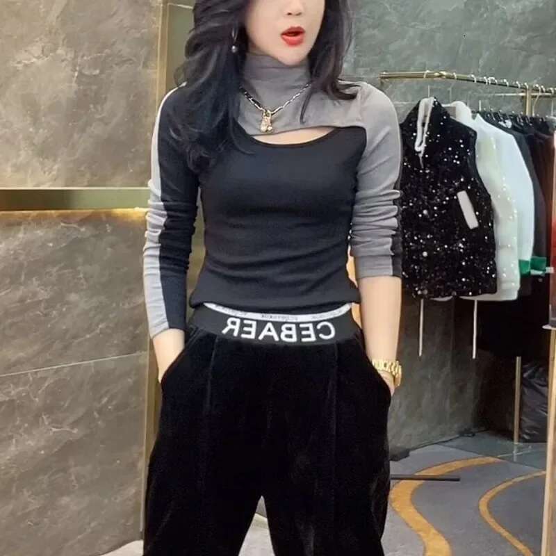 With Sleeves Womens Long Sleeve T-shirt Slim Turtleneck Top Female Korean Fashion Y2k Clothes 2025 High Quality Basic Tee Korea