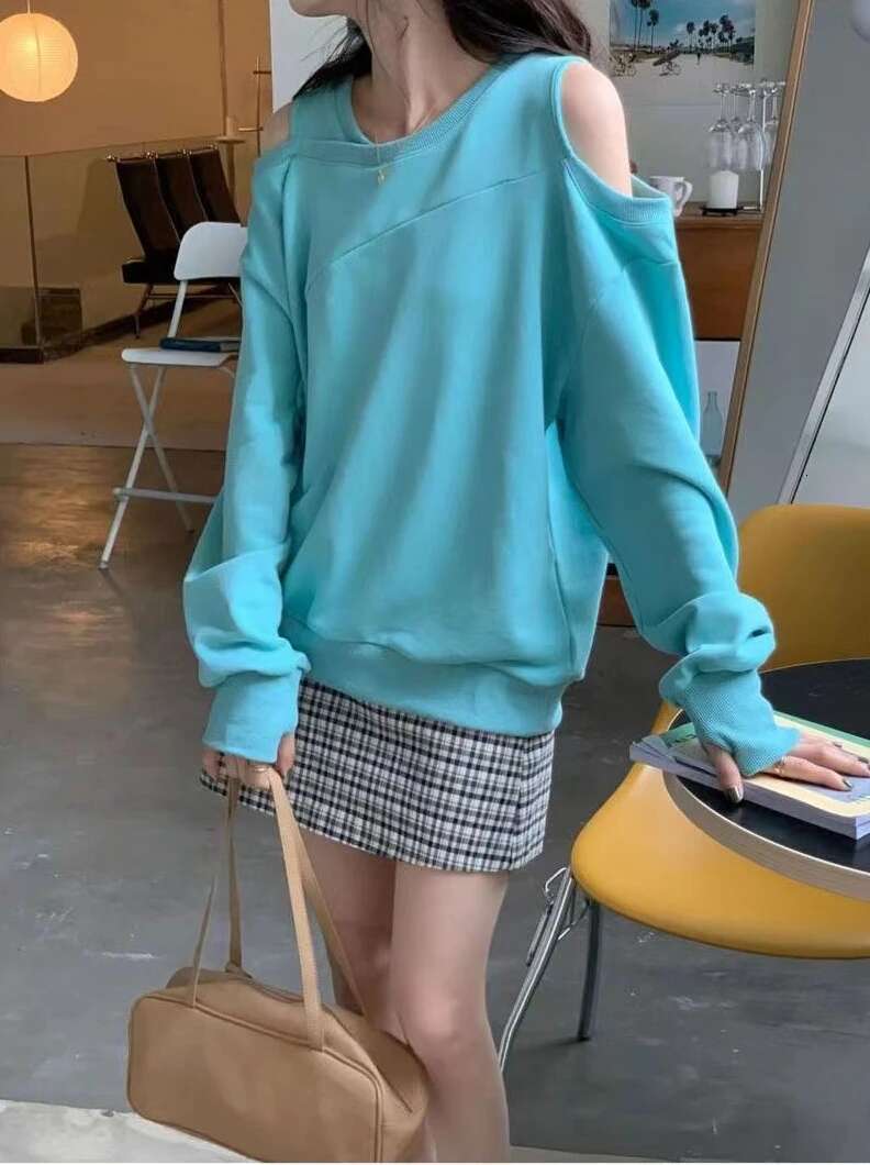 Grey Women Clothing Cotton Off Shoulder Top for 2025 Woman T-shirt Loose Spring and Autumn Tshirt Sale Simple Cheap Stylish Tee