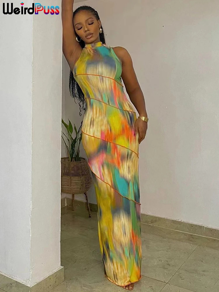 Weird Puss Colorful Print Dress Women Summer Trend Sleeveless Patchwork Skinny Elastic Bodycon Birthday Party Clubwear Vestidos 250616