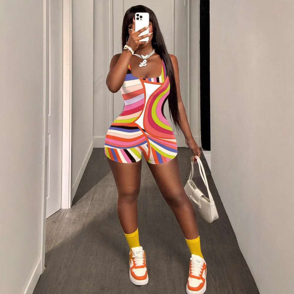 Summer New Women's Sexy Hot Girl Slim Fit Printed Strap U-Neck Bodycon Shorts Jumpsuit B5