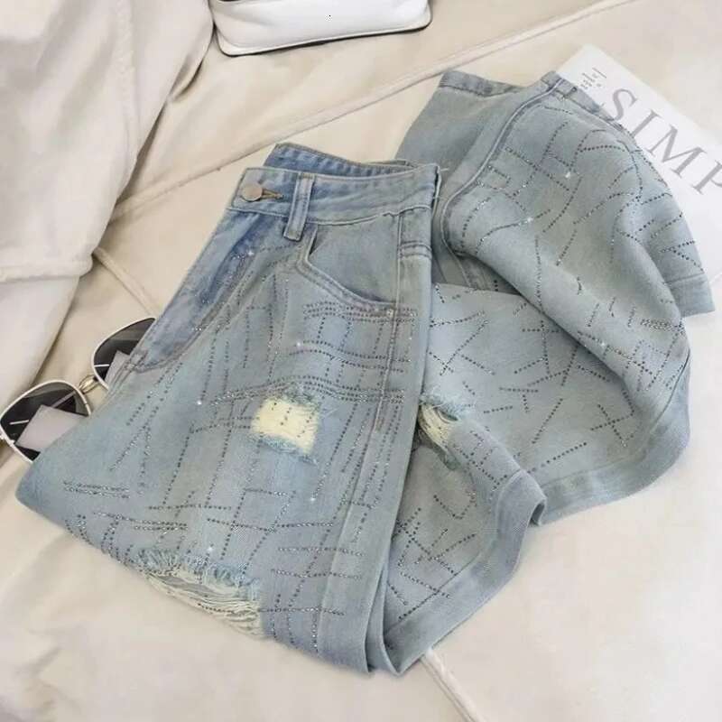 With Rhinestones Denim Pants for Women Straight Leg Woman Jeans Korean Popular Clothes 2025 Fashion Trend Streetwear Trousers