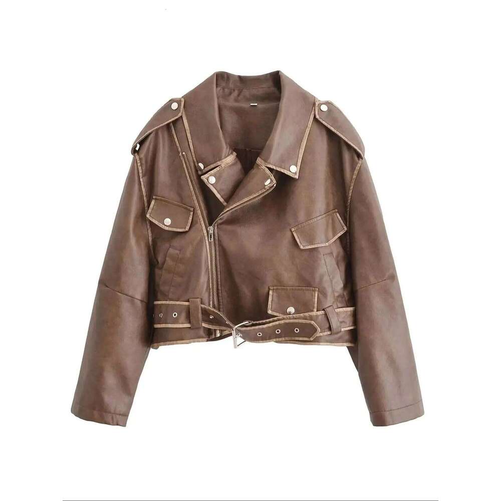 2025 New Women's Retro Vintage Brown Faux Leather Jackets Belt Female Motor Biker Pockets Plus Size Loose Streetwear Coats Tops