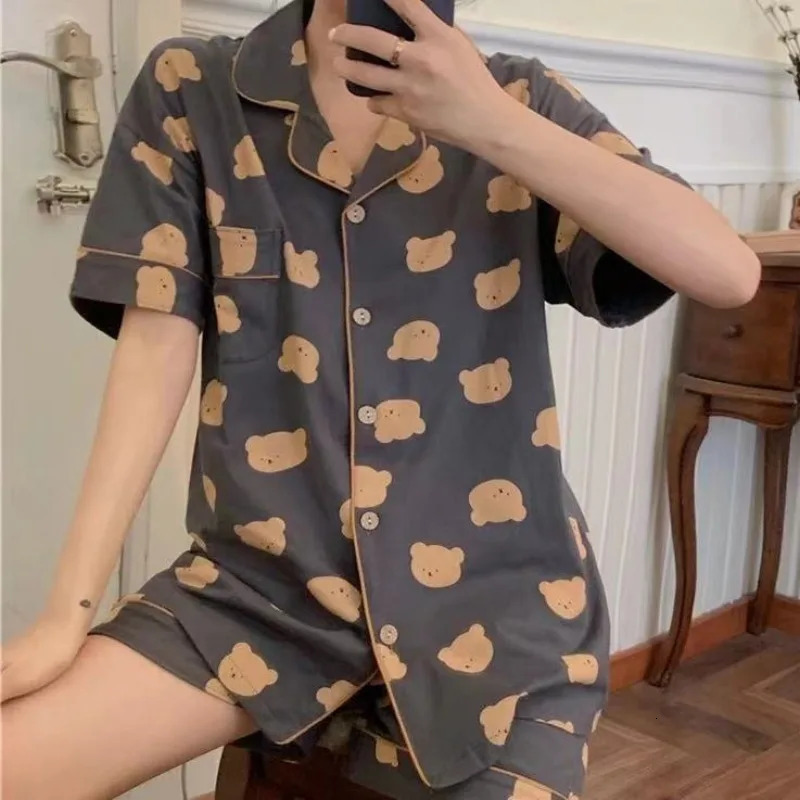 Pajamas Women Summer Cartoon Cute Bear Short Sleeve Nightwear Loungewear Set Ladies Cardigan Striped Plaid Short Sleepwear 250616