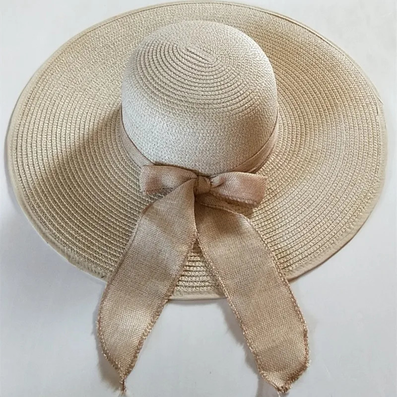 Summer Womens Bowknot Straw Hat Beach Big Brimmed Hat Foldable Travel Seaside Vacation Travel Outdoor Sunscreen Caps 250616