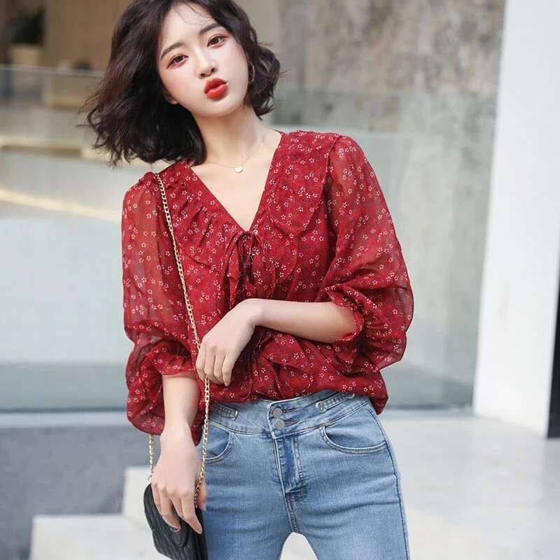 With Puffy Sleeves Womens Shirt and Blouse Floral New Female Tops Youthful Woman Clothes Elegant Chic Clothing Trend 2025 Cute