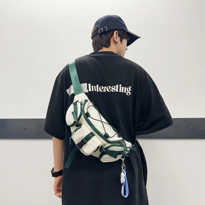 Outdoor Sport Hip Hop Techwear Tactical Chest Bag Men Women Green Red Ribbon Patchwork Multifunction Fanny Pack 250614