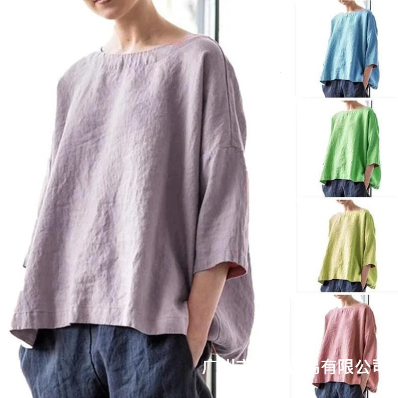 Women Cotton Linen Blouse Tops Summer Female O-Neck Solid Color Vintage Beachwear Holiday Blouse Shirts DNMY-3502 250614